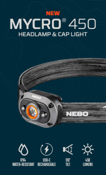 NEBO MYCRO 450 LED-Stirnlampe Grau 450 Lumen USB-C mit Rot- & Grünlicht