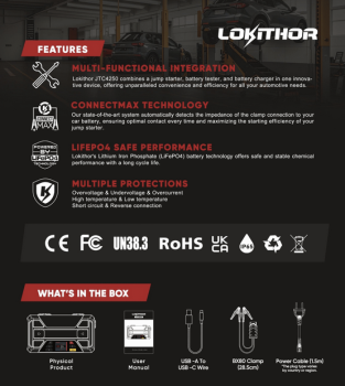 LOKITHOR JTC4250 The One Starthilfegerät 4250A mit Batterieladegerät & Tester