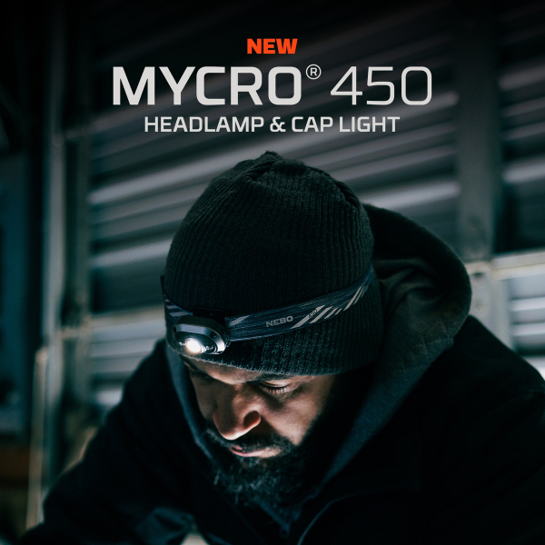 NEBO MYCRO 450 LED-Stirnlampe Grau 450 Lumen USB-C mit Rot- & Grünlicht