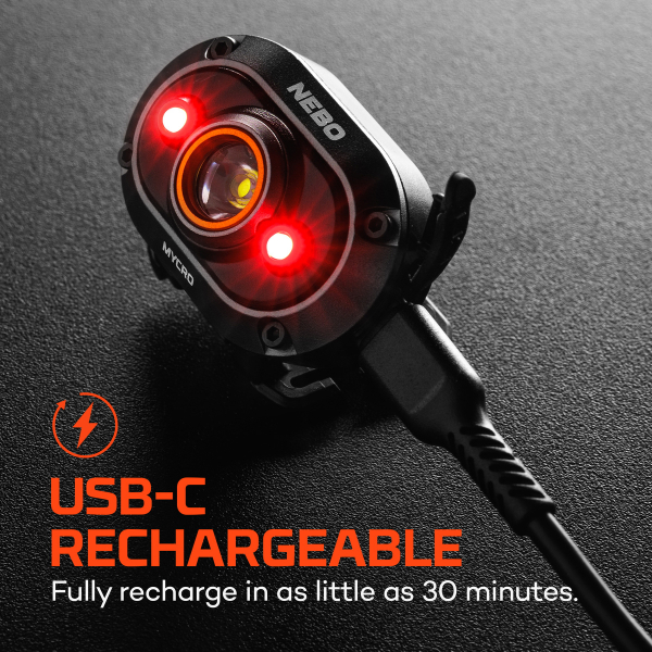 NEBO MYCRO 450 LED-Stirnlampe Grau 450 Lumen USB-C mit Rot- & Grünlicht