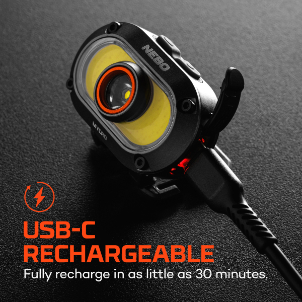 NEBO MYCRO 550+ LED-Stirnlampe Grau 550 Lumen mit USB-C-Akku & Cap-Clip