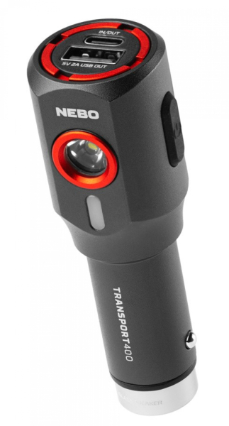 NEBO TRANSPORT 400 KFZ-LED-Taschenlampe mit 400 Lumen, Glasbrecher mit Wolframspitze, USB-A- und USB-C-Anschlüssen und Magnetclip
