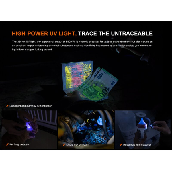 Fenix E06R Schlüsselbundleuchte 700 Lumen UV-Licht roter Laser USB-C Grau