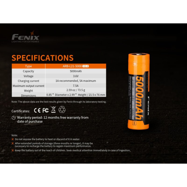Fenix ARB-L21-5000 V2.0 21700 Li-Ion Akku 5000mAh 3,6V geschützt