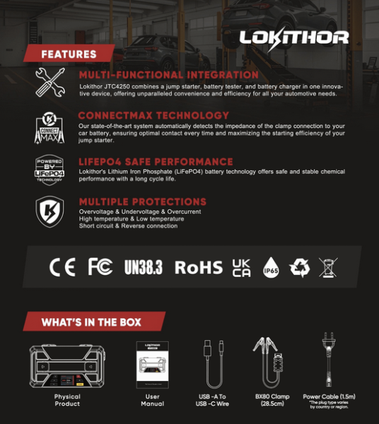 LOKITHOR JTC4250 The One Starthilfegerät 4250A mit Batterieladegerät & Tester